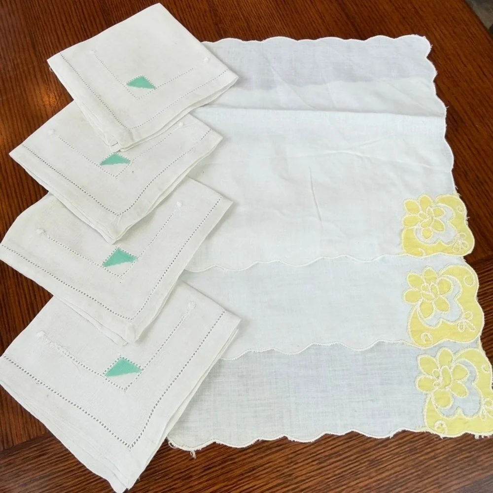Vintage Linen Napkin Handkerchief Set 7pc Green Hemstitch Yellow Floral Applique